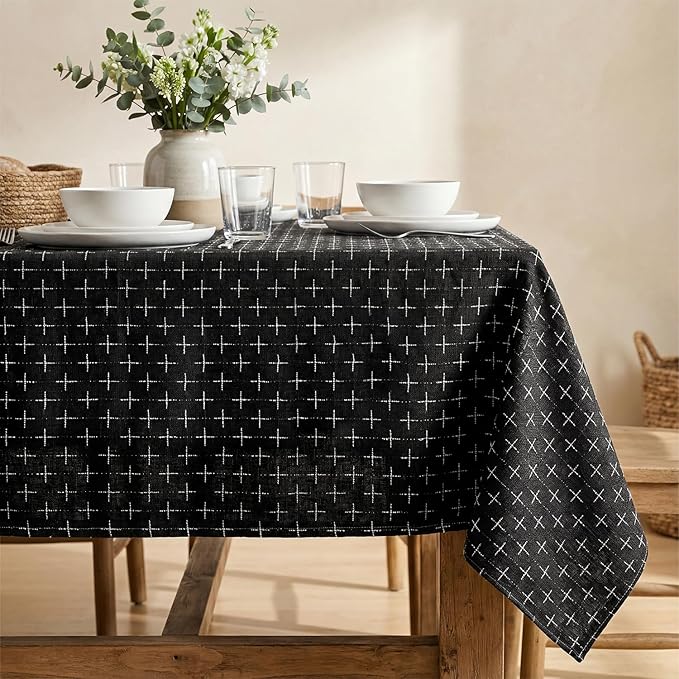 Horaldaily Black Rectangular Table Cloth, Cross-Star Solid Textured Embroidery Tablecloth, Wrinkle Free Washable 60×120 Inch Table Cover for Kitchen, Party, Wedding, Picnic, Outdoor