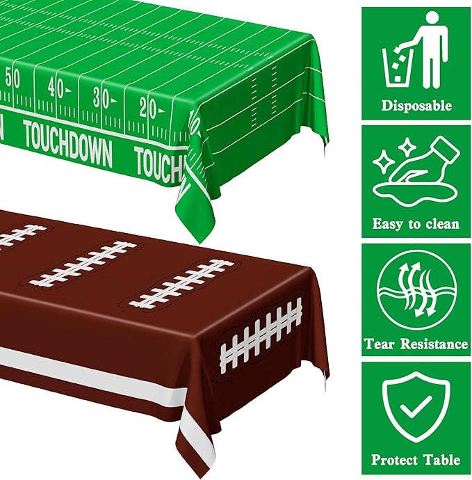 QZYL Football Party Decorations 2026, Disposable Football Tablecloth, 2 PCS Brown Green Decoration Runner, Game Day Theme Table Cloth, Plastic Table Cover for Game Day Touchdown Party Supplies