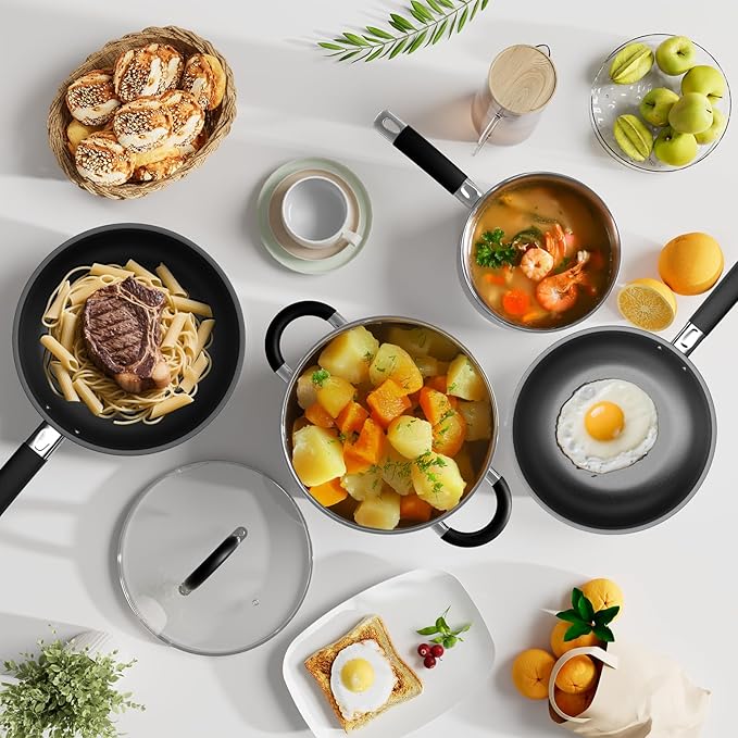 Pots and Pans Set Non Stick, Stainless Steel Cookware Set of 6, Frying Pans, 5 Ply Base Dishwasher Safe