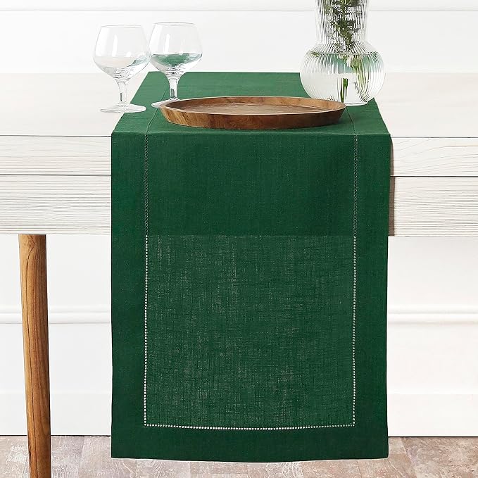 D'Moksha Homes Linen Forest Green Table Runner 144 Inches Long - 100% Pure Linen Extra Long Table Runner 14 x 144 Inch for St Patricks Day, Easter - Classic Hemstitch