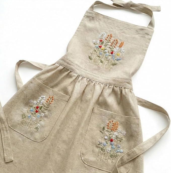 Linen Apron with Hand Embroidered Floral Design, Natural Fabric Apron for Kitchen, Linen Apron with Pockets, Cooking, Baking, Gardening, Florist, Elegant Gift for Women, Chefs, Artists