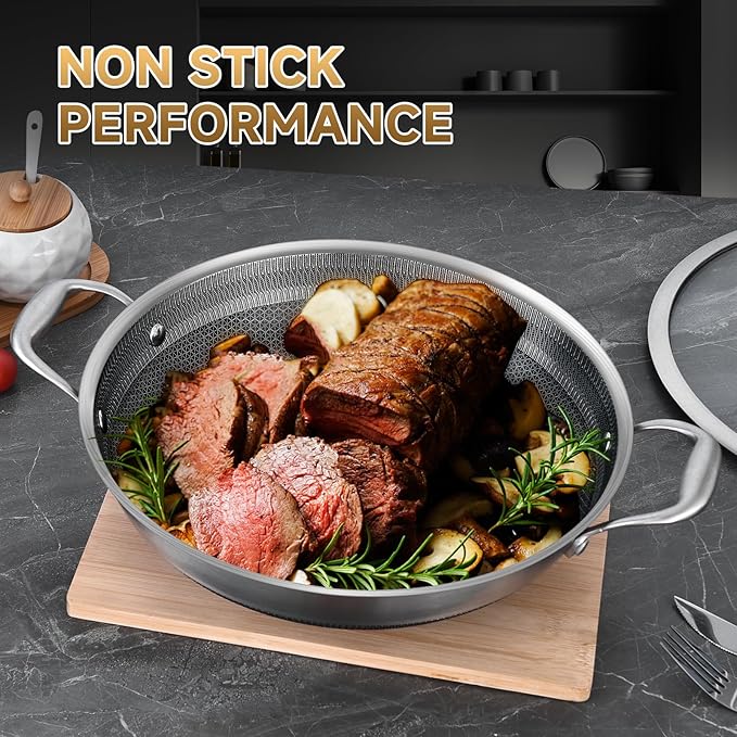LOLYKITCH 12 Inch New Hybrid Tri-Ply Stainless Steel Wok Pan with Lid,Ceramic Nonstick Stir Fry Pans,Induction Cooking Pot,Dishwasher and Oven Safe