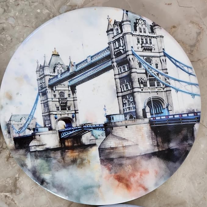 Scenes of London Round Ceramic Coasters, Set of 4 Different Scenes with Black Metal Holder, British Coaster, Gloss Finish, Cork Backed