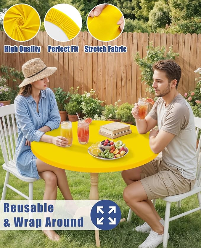 Round Spandex Tablecloth, Elastic Fitted Waterproof Tablecloths for 57"-68" Tables, Stretch Washable Picnic Table Cover for Camping, Dining, Indoor and Outdoor, Yellow