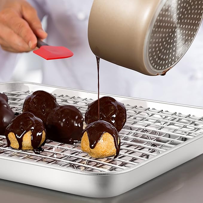 TeamFar Mini Cooling Rack Set of 2, Stainless Steel 8.75’’ x 6.25’’ Toaster Oven Grid Rack for Baking Roasting Broiling Grilling, Bakeable Rack for Cookies, Non-Toxic & Heavy Duty, Dishwasher Safe