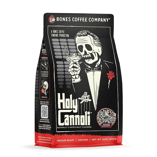 Bones Coffee Company Holy Cannoli, Baked Cannoli Flavored Coffee, Medium Roast Low Acid Arabica Beans Compatible with Auto drip and French Press Coffee Maker, 12 Oz Ground