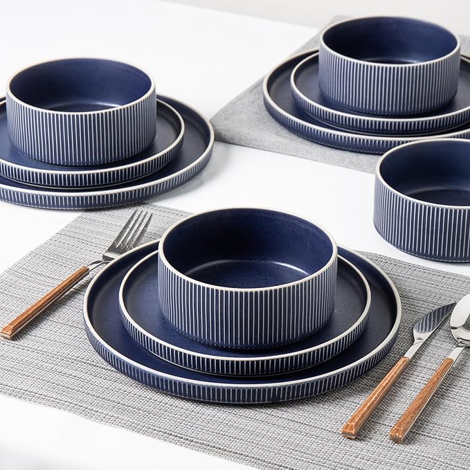 Dinnerware Set Service for 8, 24-Piece Ceramic Plates and Bowls Set, Chip & Scratch Resistant, Microwave and Dishwasher Safe, Modern Minimalist Tableware for Everyday Use, Matte Blue