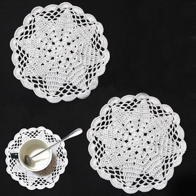 BIBITIME 2 PCS 6" to 7" Handmade Crochet Round Lace Doilies Kitchen Table Placemats Wedding Tea Flower Vase Cup Mats Coasters (White,Pack of 2)