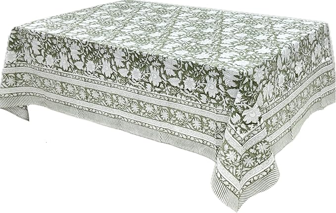 ATOSII Noori Green 100% Cotton Fall Tablecloth, Block Print Rectangle Table Cover for Dining, Weddings, Holidays, Thanksgiving, Easter 60 X 60 Inches - 4 Seater I Grandmillennial Preppy Boho Farmhouse