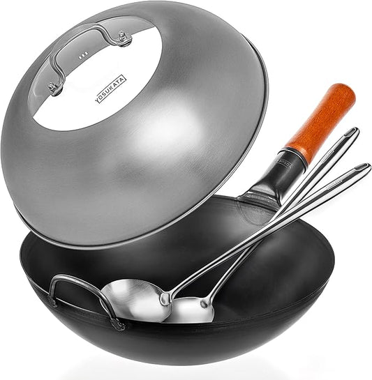 YOSUKATA Carbon Steel Wok Pan 13,5 “ + Lid 12.8 In for 13.5-In Wok + 17’’ Spatula and Ladle