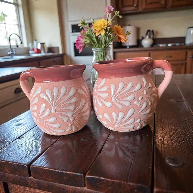 Set of 2 Mexican Pottery Mugs – Pink Terracotta Talavera Style Design, 12 oz Clay Tazas, Handmade Large Coffee Cups