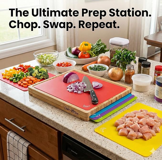 Cooler Kitchen Wooden Cutting Boards for Kitchen with 6 Flexible Plastic Mats - Meal Prep and Serving, Easy Clean Bamboo Cutting Board and Dishwasher Safe Plastic - Large Wood Cutting Board Set