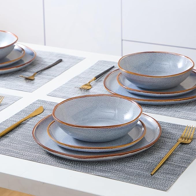 Bestone 12 Pieces Round Kitchen Dinnerware Sets，Plates and Bowls Sets,Dishes, Plates, Bowls, Dish Set, Chip Resistant Ceramic Dinnerware Set, Dishwasher/Microwave Safe,Service for 4,Reactive Blue