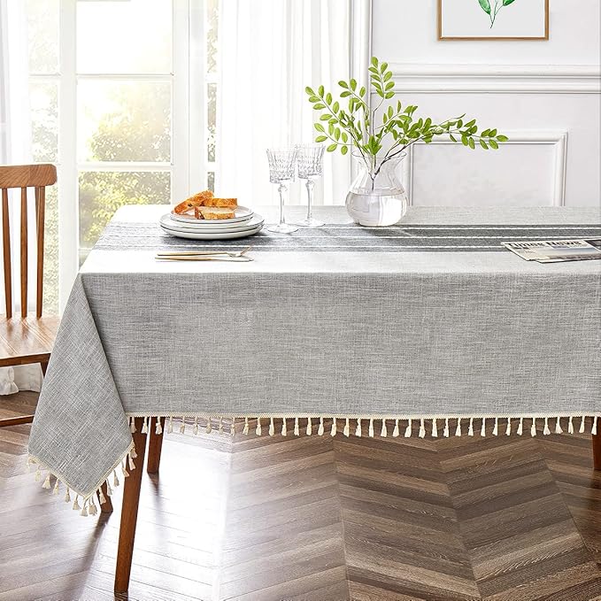 QIANQUHUI Embroidered Tablecloth for Dining Table,Rustic Farmhouse Kitchen Table Cover, Dust Proof Spillproof Soil Resistant Cotton Linen Rectangle Tablecloths (L-Gray,55x102 inch)