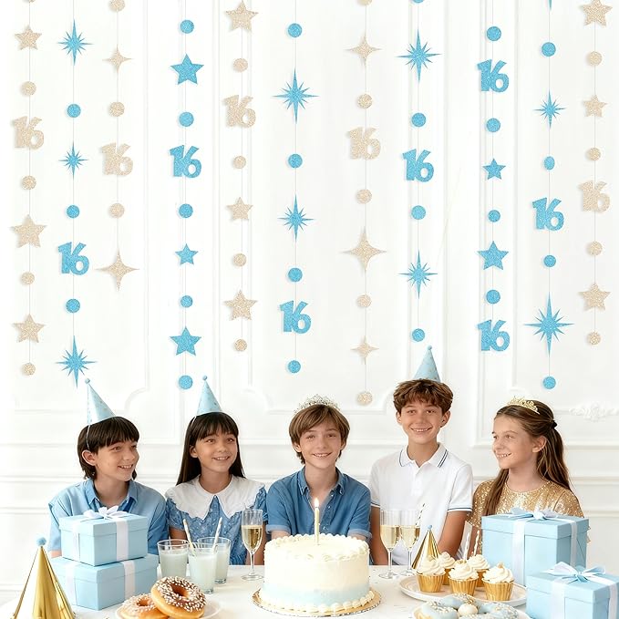 Champagne Gold Blue 16th Birthday Decorations Number 16 Circle Dot Star Garland Glitter Streamer Banner Backdrop for Girls Boys Sweet Sixteen Cheers to 16 Years Old Happy 16th Birthday Party Supplies
