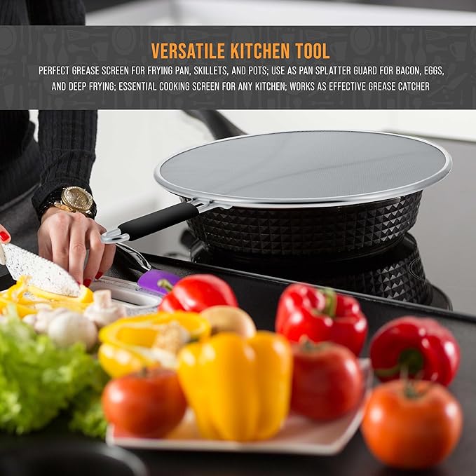 U.S. Kitchen Supply Stainless Steel Splatter Guard 13" Fine Mesh Cover, Grease & Oil, Splatter Screen for Frying Pan, Cooking Pots, with Resting Feet & Comfort Grip Handle