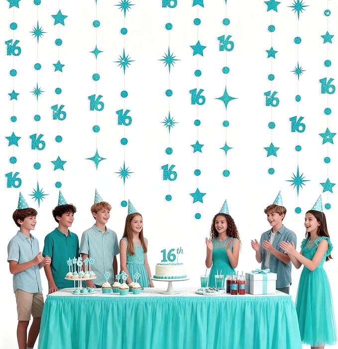 Teal Blue 16th Birthday Decorations Number 16 Circle Dot Star Garland Glitter Streamer Banner Backdrop for Girls Boys Sweet Sixteen Cheers to 16 Years Old Birthday 16th Anniversary Party Supplies
