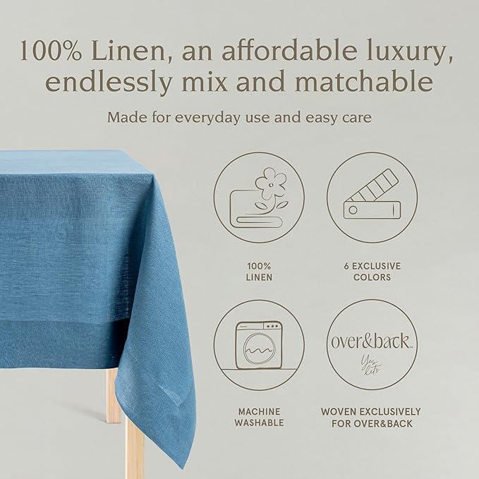 Over&Back 100%-Linen Woven Tablecloth - Colorful Dining Room Table Cover - Mitered Corner Hems - Machine Washable - Kitchen and Home Decor - Blue - 70x108