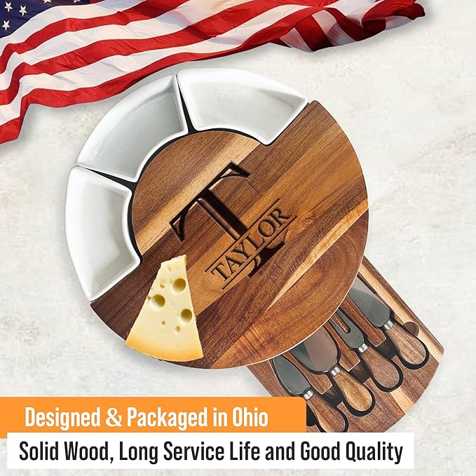 Personalized Charcuterie Board, 13'' Custom Round Cheese Board Gift, Acacia Wood Boards with Knives for Serving - Gifts for Housewarming New Home, Wedding, Anniversary, Christmas, Couples, Birthday