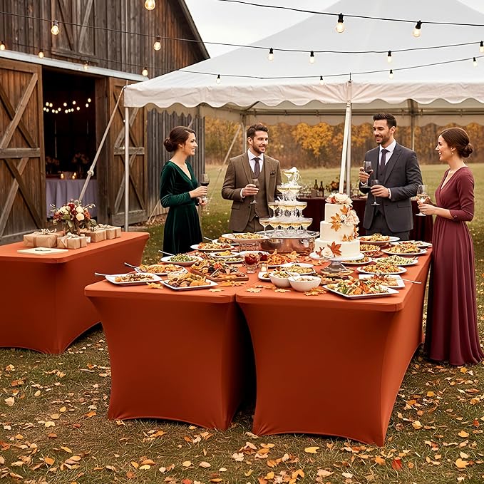 Table Cover for 6 Foot Rectangle Tables-8 Pack Rust Fitted Stretch Fall Tablecloth-Spandex 6ft Thanksgiving Tablecloths for Party, Vendor Booth Display, Banquet Event, Craft Trade Show