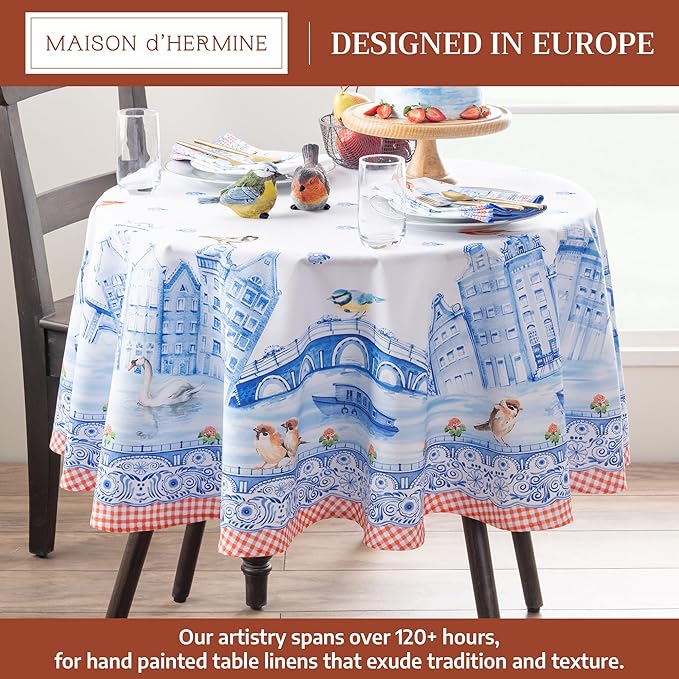 Maison d' Hermine Table Cloth Round Table 100% Cotton 69 Round Inches Tablecloth Reusable Decorative for Dining Room Farmhouse Home Valentines Day Decorations Spring Summer - Amsterdam Canals