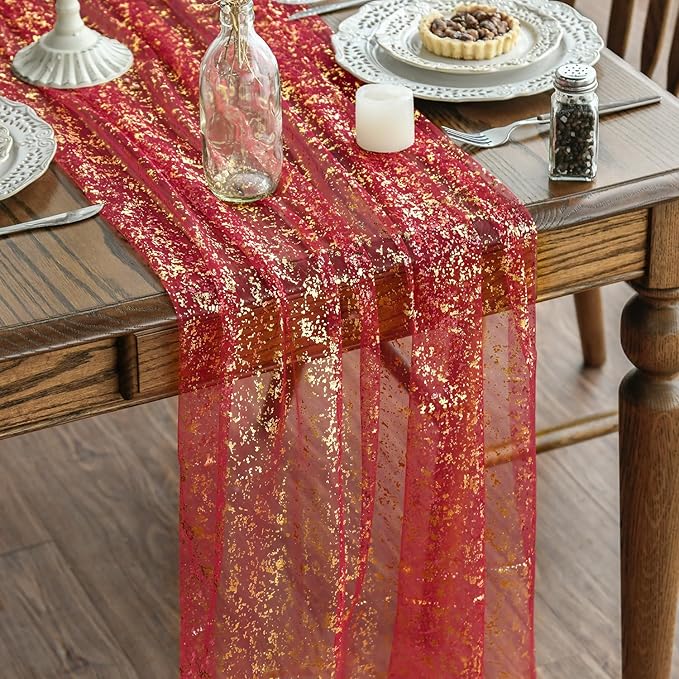 Artoid Mode 6PCS Red Gold Gauze Table Runner 120 Inch 10FT, Glitter Metallic Foil Sheer Dining Wedding Anniversary Holiday Table Decor for Home Party