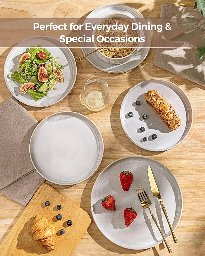 GBHOME 18-Piece Stoneware Dinnerware Set for 6 – Ribbed Ceramic Plates and Bowls, Scratch-Resistant, Microwave & Dishwasher Safe, Reactive Glaze, Sugar White