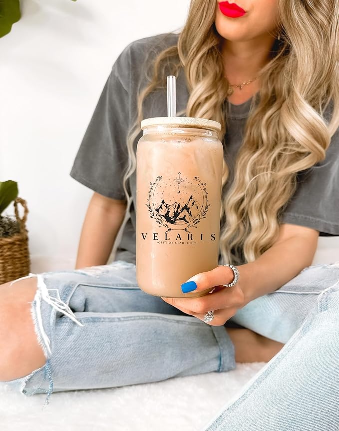 Sip Sip Hooray ACOTAR 16oz Glass Can Cup with Lid and Straw, Velaris City of Starlight Iced Coffee Tumbler, Night Court Bookish Drinkware, Dishwasher Safe Fantasy Gift for Women, To The Stars Mug