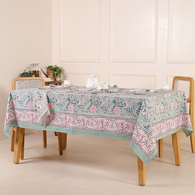 Hand Block Printed Table Cover - Exquisite Design, Premium Cotton Fabric, Perfect for Dining and Decor, Dining Table Linen (Mint Green, 6 Seater 60 x 90 Inches Rectangle)