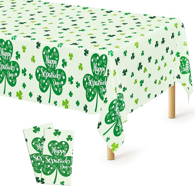 QZYL 2 Pcs St Patricks Day Decorations, 108" X 54" Shamrock Decorations, Plastic Happy St. Patrick's Day Tablecloth, Shamrock Tablecovers, Disposable Rectangle Irish Green Table Cloth for Lucky Party