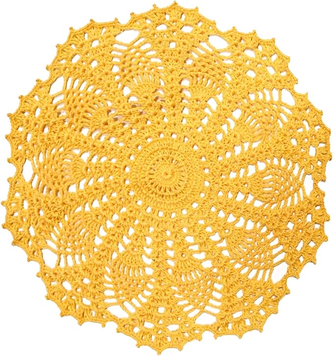 BIBITIME Lace Doilies Crochet Handmade Lace Coasters Round Placemat Rustic Table Doilies Decors for Kitchen Dining Room Party Dressers (11 inches to 12 inches,Pack of 2 PCS, Yellow)