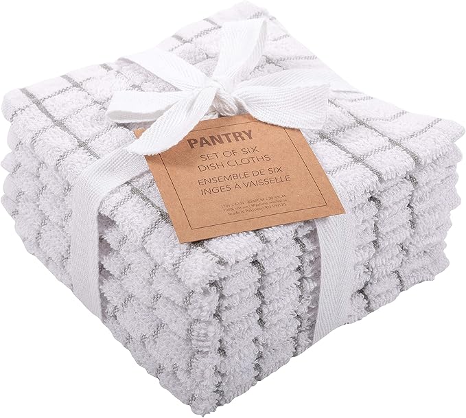 KAF Home Pantry 100% Cotton Checkered Grid Dish Cloths | Set of 6, 12 x 12 Inches | Absorbent and Machine Washable | Perfect for Cleaning Counters, and Any Household Spills - Gray