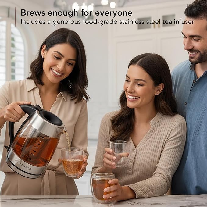 OVENTE Electric Tea Kettle with Temperature Control, Removable Tea Infuser, Easy to Fill Lid, Keep Warm Function, Auto Shut-Off, 1.7L Double Wall Borosilicate Glass, Stainless Steel Base, Silver KD68S