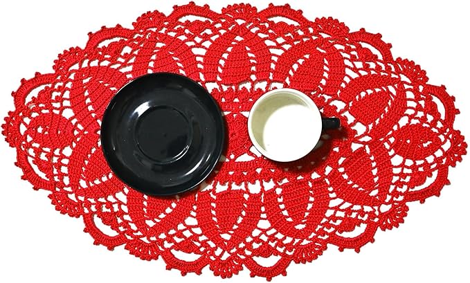 BIBITIME 12 in x 22 in Lace Tablecloth Crochet Doily Handmade Placemat Women Vase Mat Kitchen Table Runner Tea Coasters (1PC,Red)