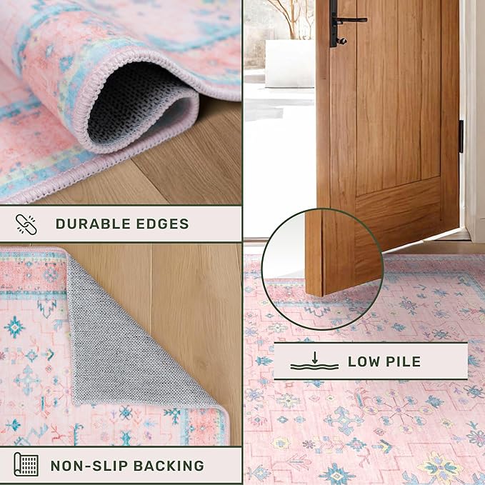 Washable 3x5 Pink Rugs for Girls Bedroom Beside Bed, Nursery Rug, Soft Faux Wool Low Pile Non Slip Stain Resistance Carpet, Pink & Blue