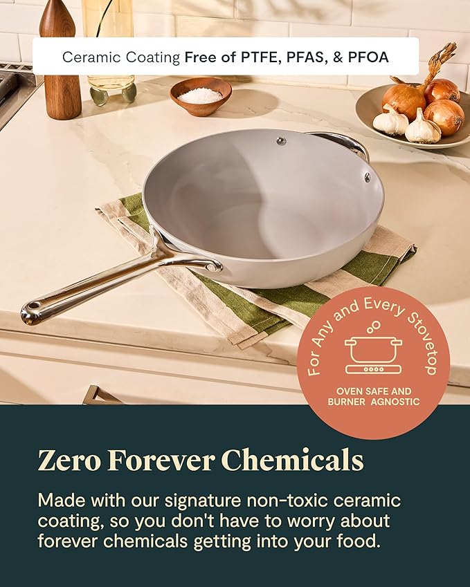 Caraway Non-Stick Stir Fry Pan - 12” Wok-Inspired Pan - Free From Forever Chemicals - High-Sloped Walls - Stainless Steel Handles - Gray