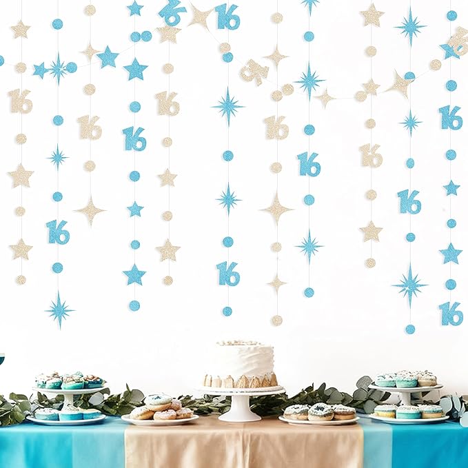 Champagne Gold Blue 16th Birthday Decorations Number 16 Circle Dot Star Garland Glitter Streamer Banner Backdrop for Girls Boys Sweet Sixteen Cheers to 16 Years Old Happy 16th Birthday Party Supplies