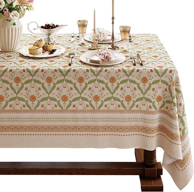 French Linen Tablecloth Rectangular, Vintage Block Print Table Cloth, Waterproof Table Cover for Picnic Dining Party Wedding, Marigold Orange, 63x91''