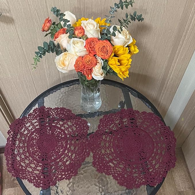 BIBITIME 2PCS 13 inches to 14 inches Cotton Crochet Doilies Kitchen Placemats Round Handmade Knitted Flower Cup Mug Mats Doily Wine Red Coasters