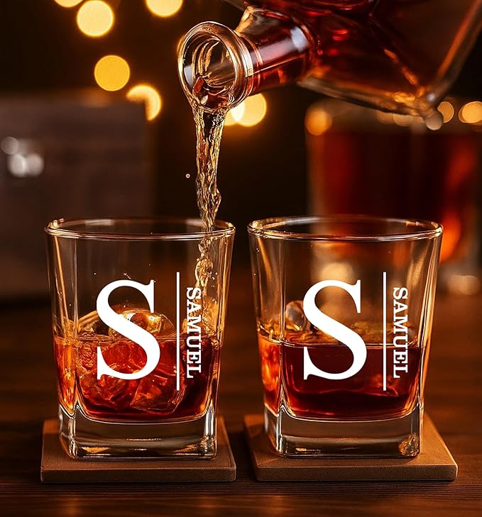 Personalized Engraved Whiskey Glass 10.25 oz – Etched Bourbon Glass with Heavy Base, Old Fashioned Cocktail Glass, Groomsmen & Father’s Day Gift (Whiskey Design 3)