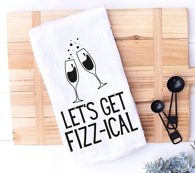 Handmade Funny Kitchen Towel - 100% Cotton Cheeky Champagne Toast Hand Bar Towels for Kitchen - 28x28 Inch Perfect for Hostess Housewarming Christmas Mother’s Day Birthday Gift (Let's Get Fizz-ical)