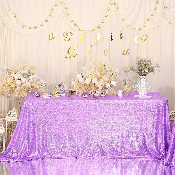Eternal Beauty Lavender Tablecloth, 90x156 Inch Sequin Rectangle Table Cover for Cake Dessert Exhibition Party Birthday Events