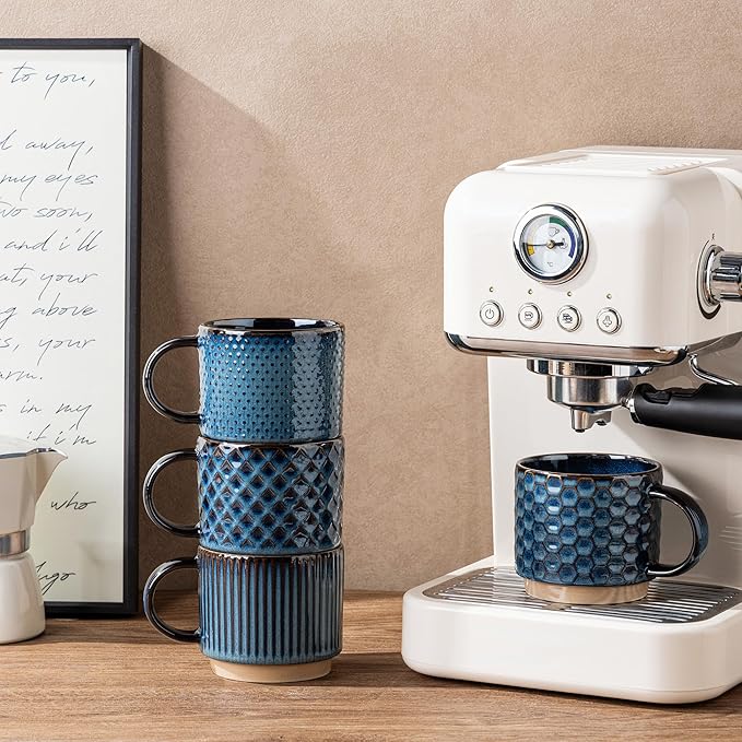 GBhome 15OZ Stackable Coffee Mugs, Ceramic Coffee Mugs with Texture Patterns for Man,Woman,Dad,Mom, Modern Coffee Mugs Set of 4 for Latte/Cappuccino/Cocoa. Dishwasher&Microwave Safe,
