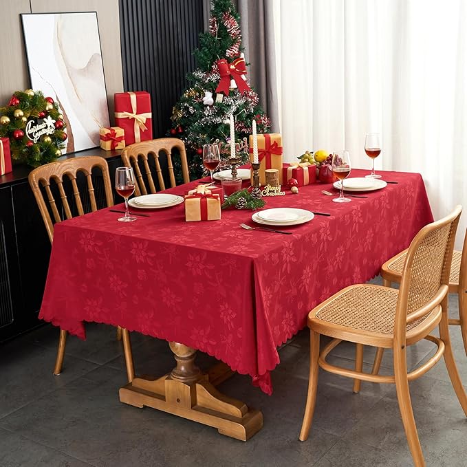 New Year Christmas Tablecloth for Rectangle Table Jacquard Red Tablecloth Waterproof Washable Fabric Table Cover for Kitchen Dinning Buffet Birthday Holiday Party (60X120 in)
