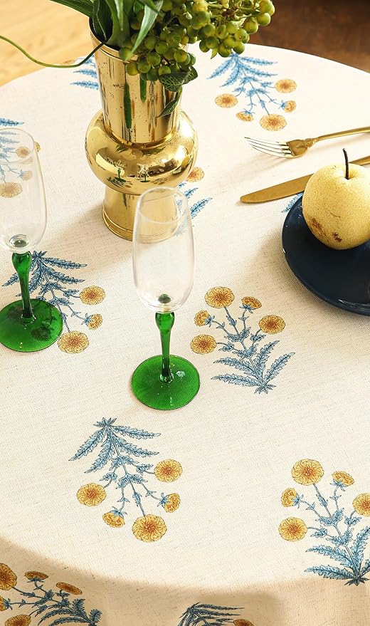 ISAENNE Designer French Pale Yellow Round Tablecloth,Linen Floral Table Cloth,Wrinkle Resistant Decor Tablecloths for Dining Thanksgiving Banquet Kitchen Party,Diameter 67"-Estevan A
