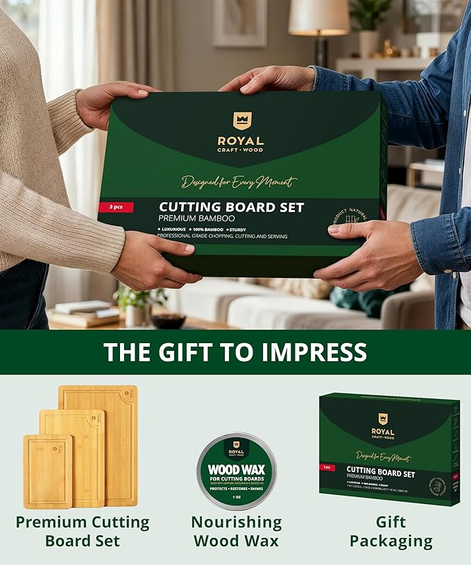 ROYAL CRAFT WOOD Bamboo Cutting Board Gift Set – 3-Piece Reversible Wooden Boards with Deep Juice Groove & Handles – Premium Charcuterie & Butcher Blocks for Kitchen – Holiday Gift-Ready Packaging