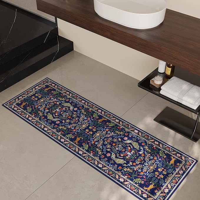 Rugcomf Runner Rug Washable Kitchen Runner 2'x 6'Runner Rug Floral Non-Slip for Entryway Indoor Soft Carpet Runner for Hallways, Kitchen, Laundry, Bedroom, Bathroom(Blue)