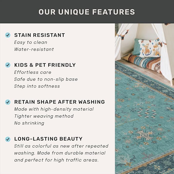 Teal 3x6 Wide Non Slip Kitchen Rug - Washable Front Door Runner Indoor Entrance, Vintage Floral Pattern Indoor Decor, Non Slip Soft Low Pile Fade Resistant
