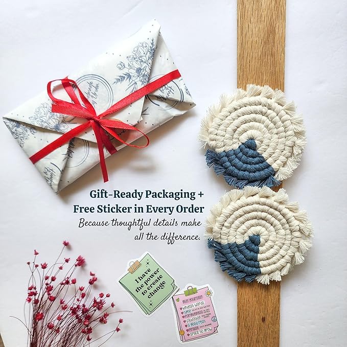 Cotton Car Coasters for Cup Holders, 2PC Car Cup Coasters, Drink Coaster Holder, Cute cupholder Coaster Accessories for Women, Macrame, Boho (Mystic Peacock)