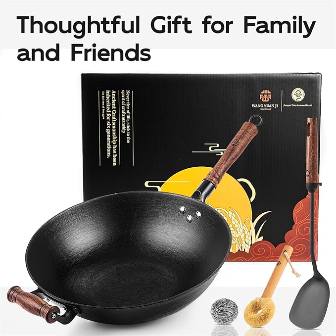 WANGYUANJI 12.6 Inch Iron Wok with Wooden Lid and Spatula, Flat Bottom Chemical-Free Uncoated Stir Fry Pan for Induction, Gas and Electric Stoves